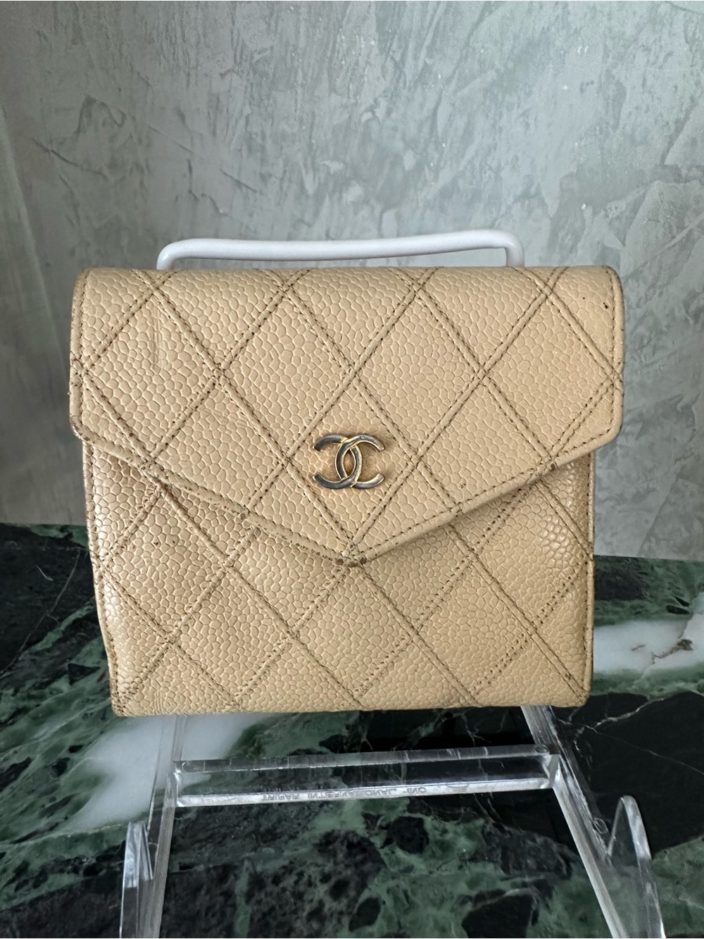 CHANEL AUTHEN Quilted Beige Caviar Leather Mini Wallet-on-Chain with CC Turnlock
